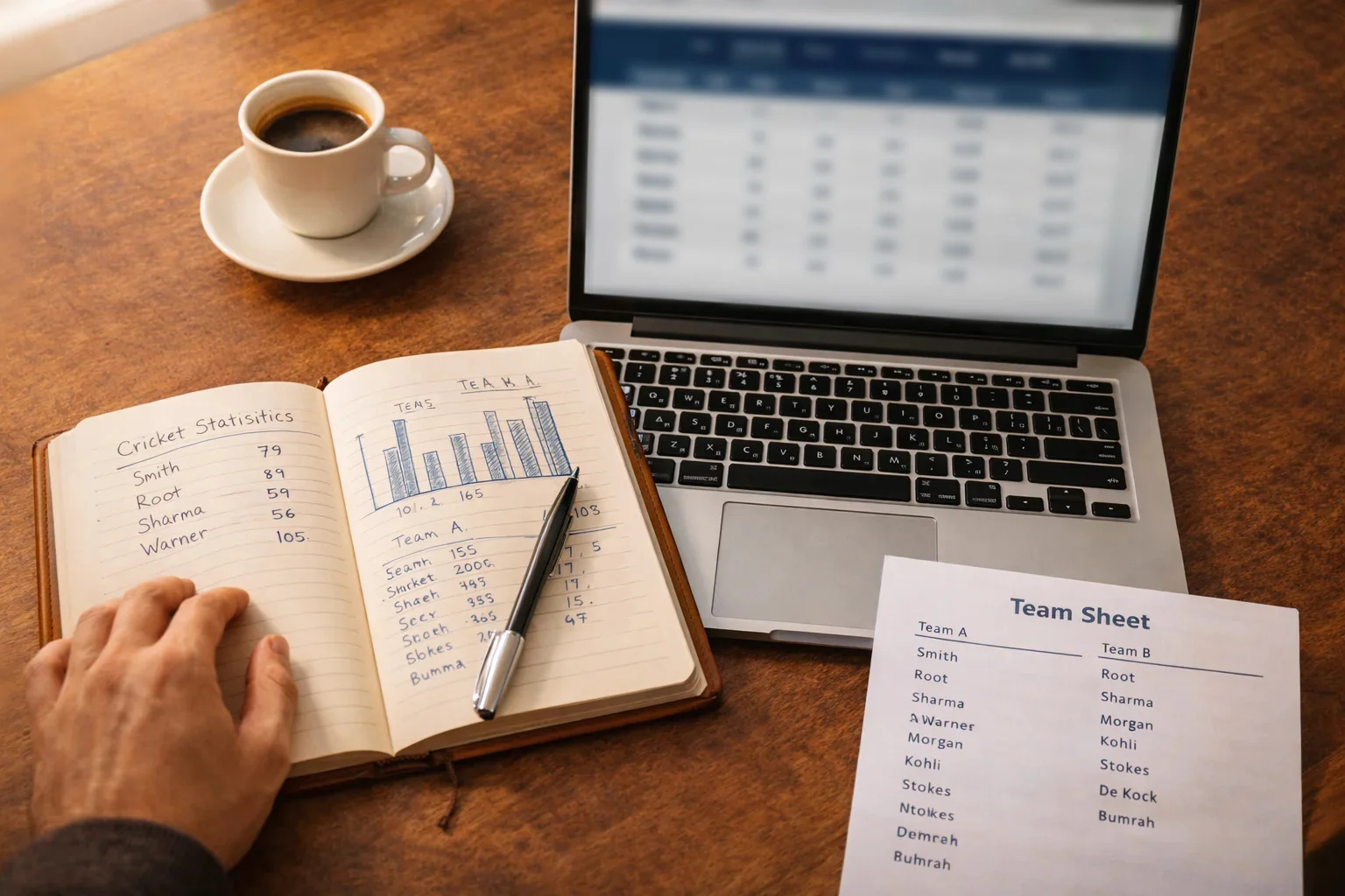 Notitieboek met cricketstatistieken en een pen naast een laptop met wedstrijddata