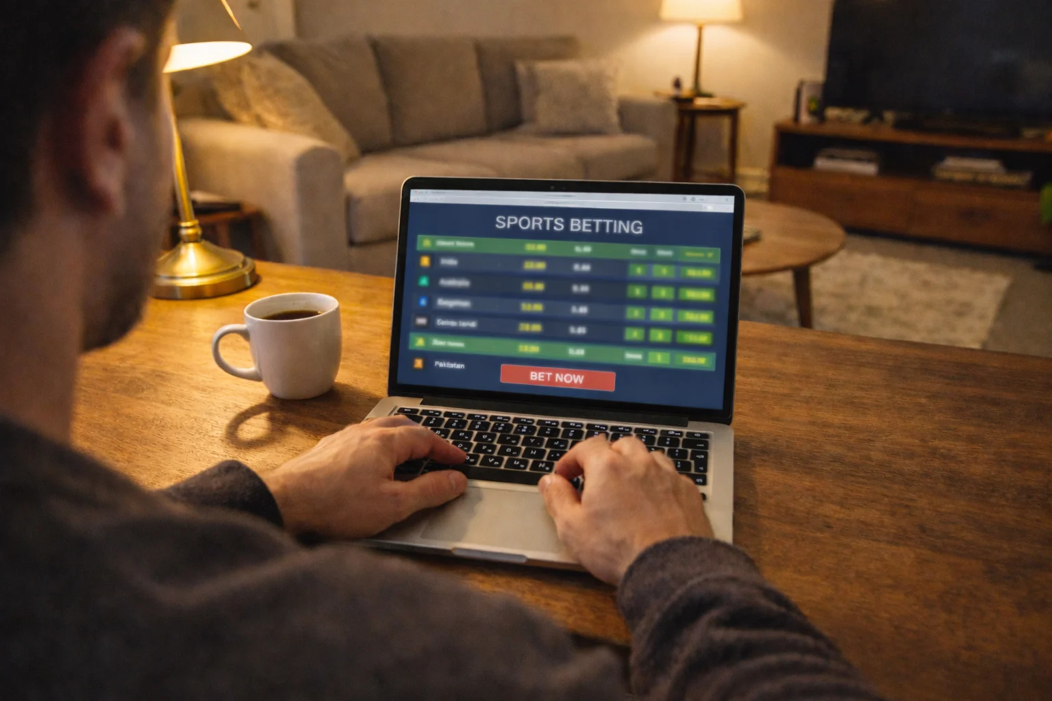 Persoon bekijkt cricketwedstrijden en quoteringen op een laptopscherm in een huiskamer