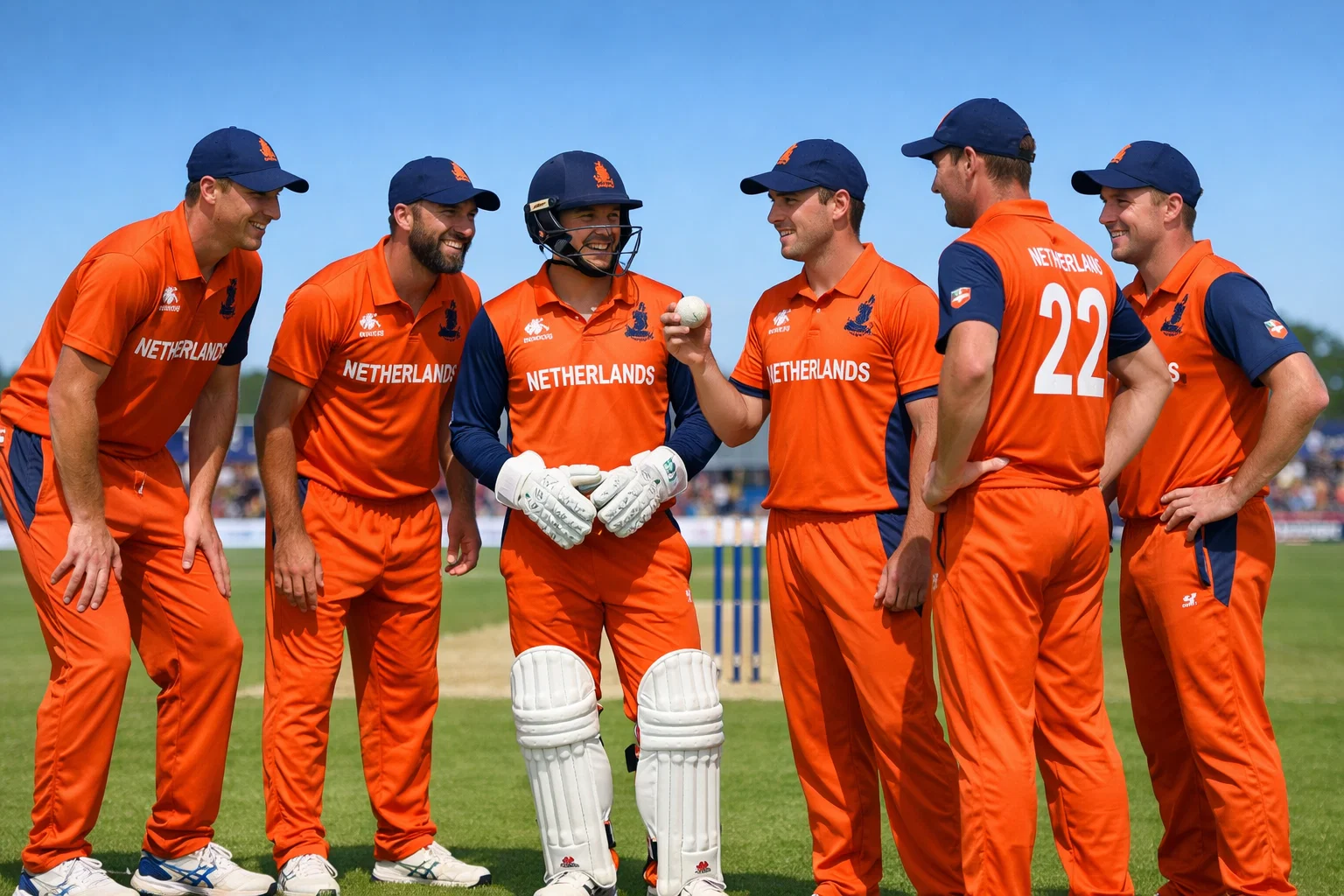 Cricketspelers van het Nederlands team op een groen cricketveld tijdens een internationale wedstrijd