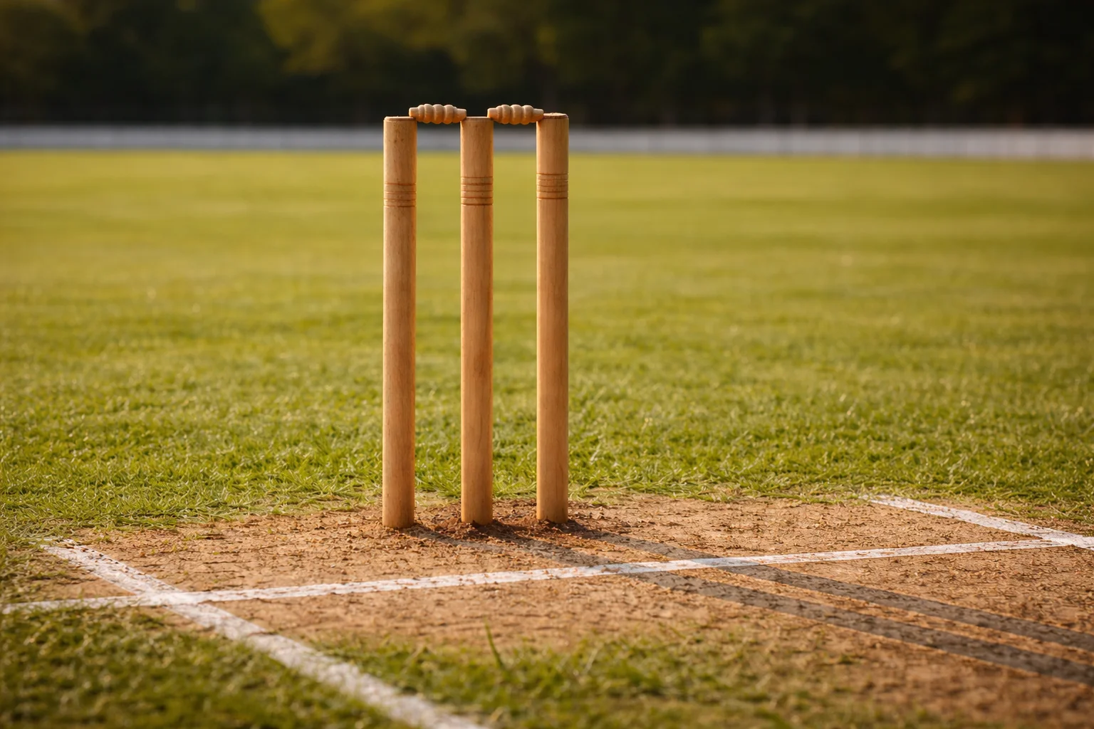 Close-up van drie houten wickets op een cricketpitch met groen gras