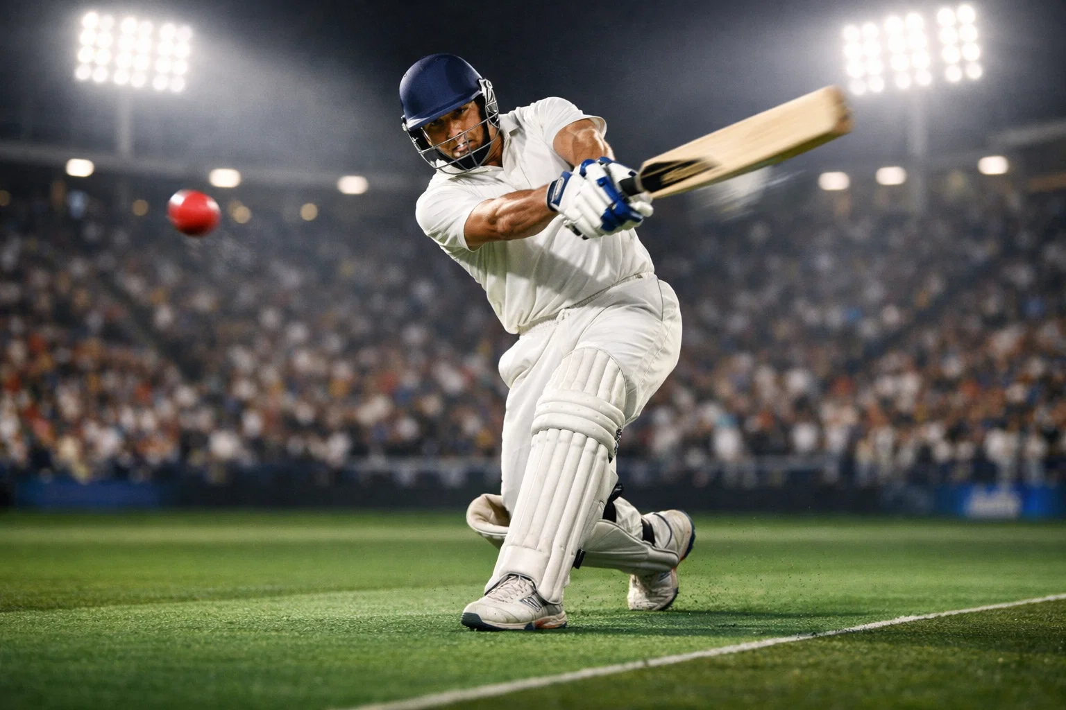 Batsman slaat de bal krachtig weg tijdens een T20-cricketwedstrijd in een verlicht stadion